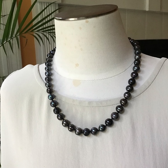 Sterling Silver Black iridescence Pearl Necklace 925 - Picture 10 of 12
